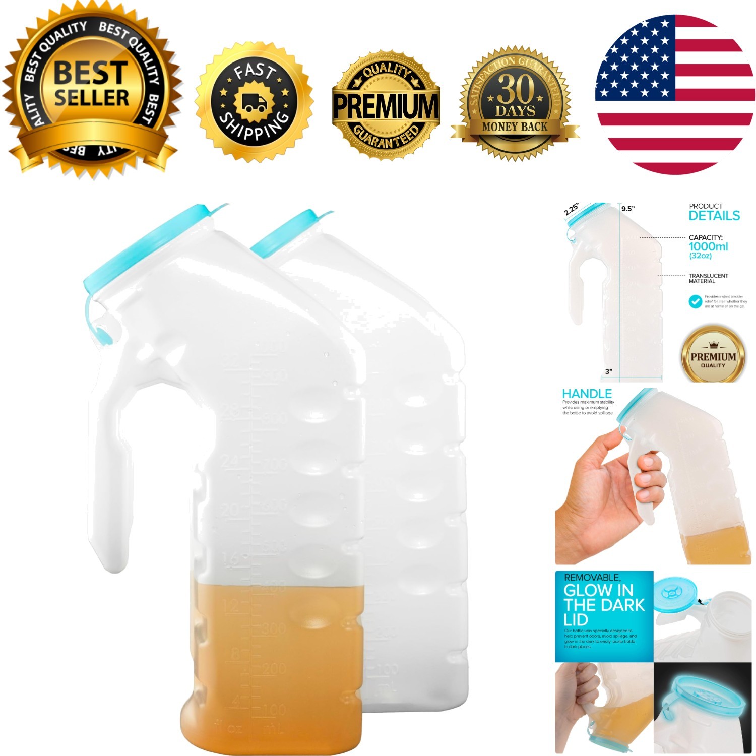Emergency Ready Male Urinal – 32 Oz Glow in the Dark Travel Bottles (2 Pack)