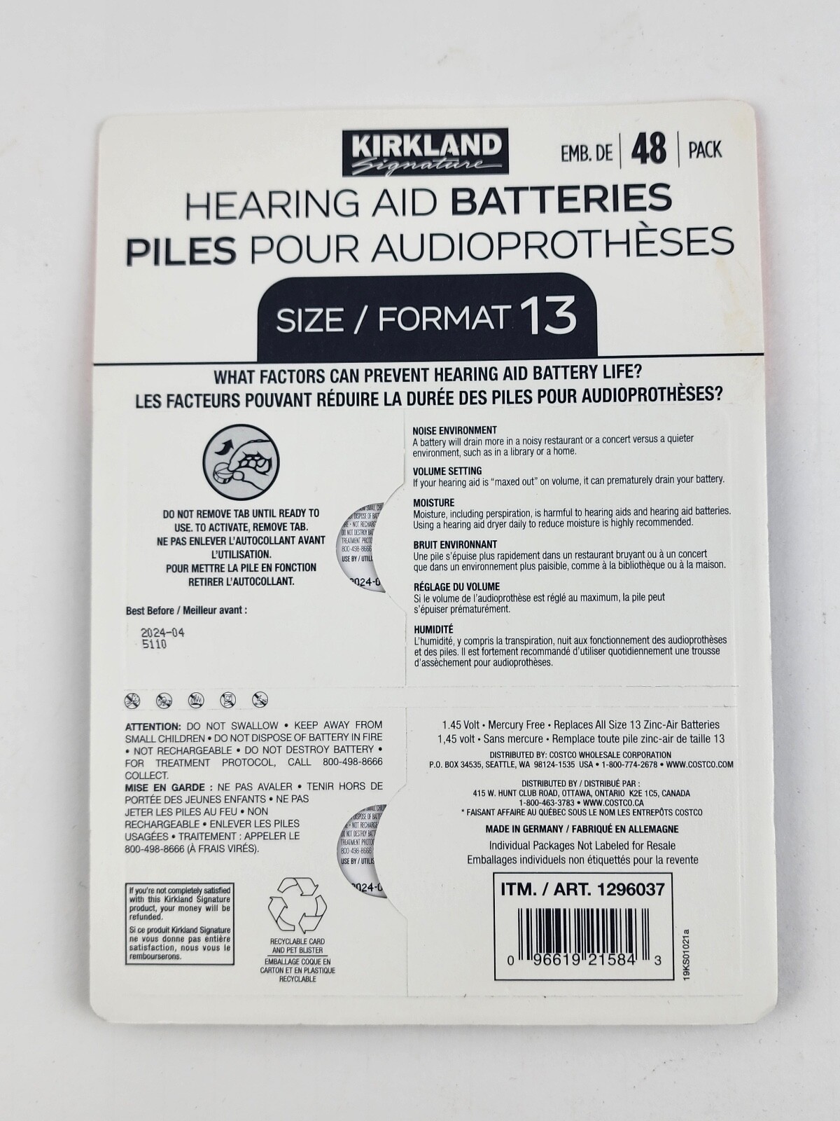 Lot of 84pcs Hearing Aid batteries Size 13 / P13 Kirkland & Power One Exp 2024