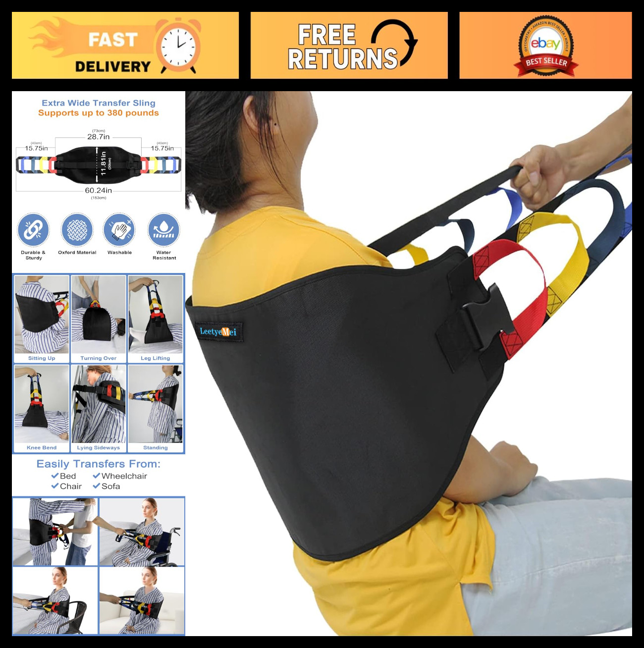 Heavy Duty Transfer Sling Belt for Seniors, Gait Aid for Elderly & Disabled, Saf