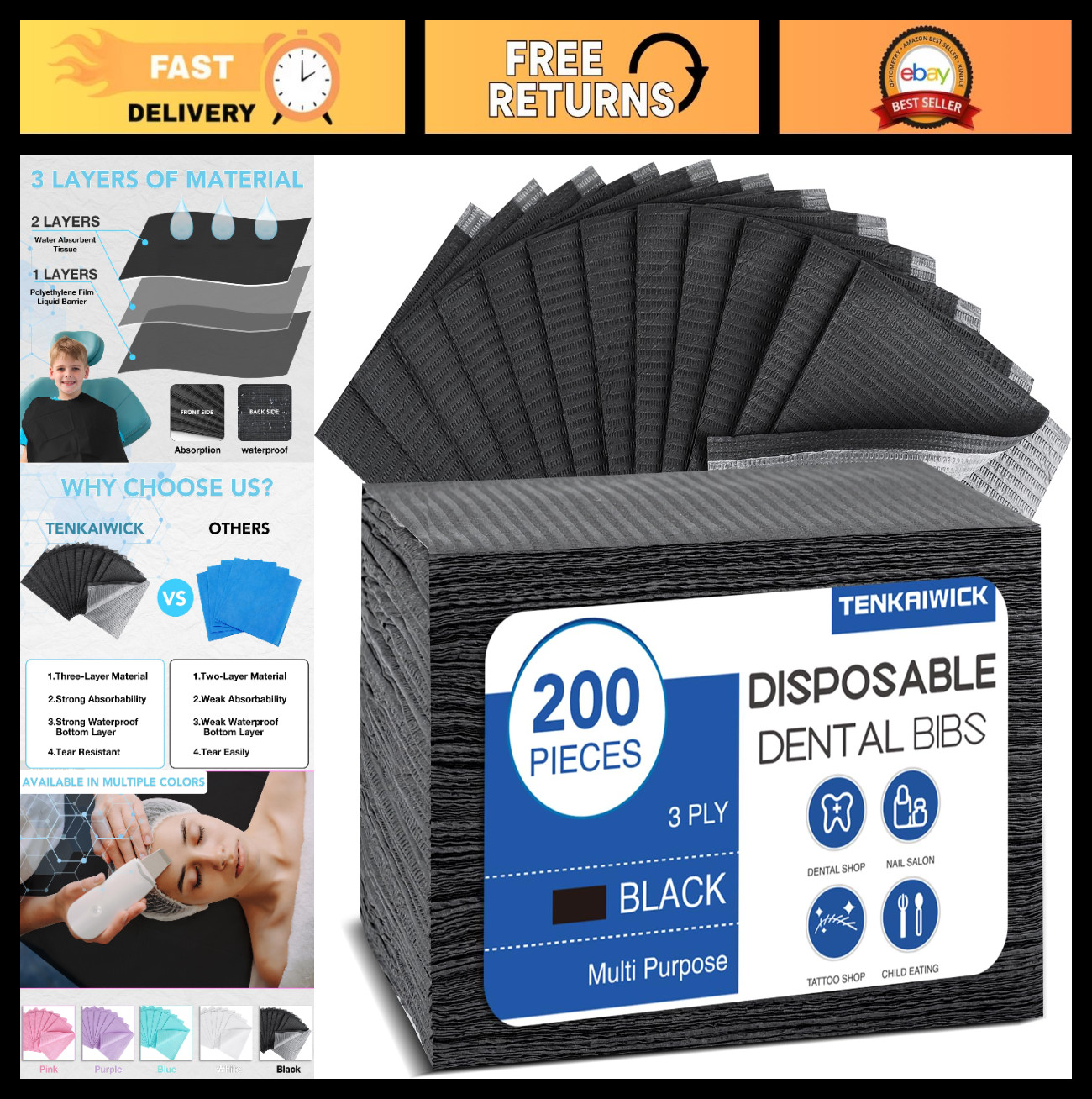 200 Pack Waterproof Disposable Dental Bibs 13″x18″ – 3-Ply for Tattoo, Nail & De