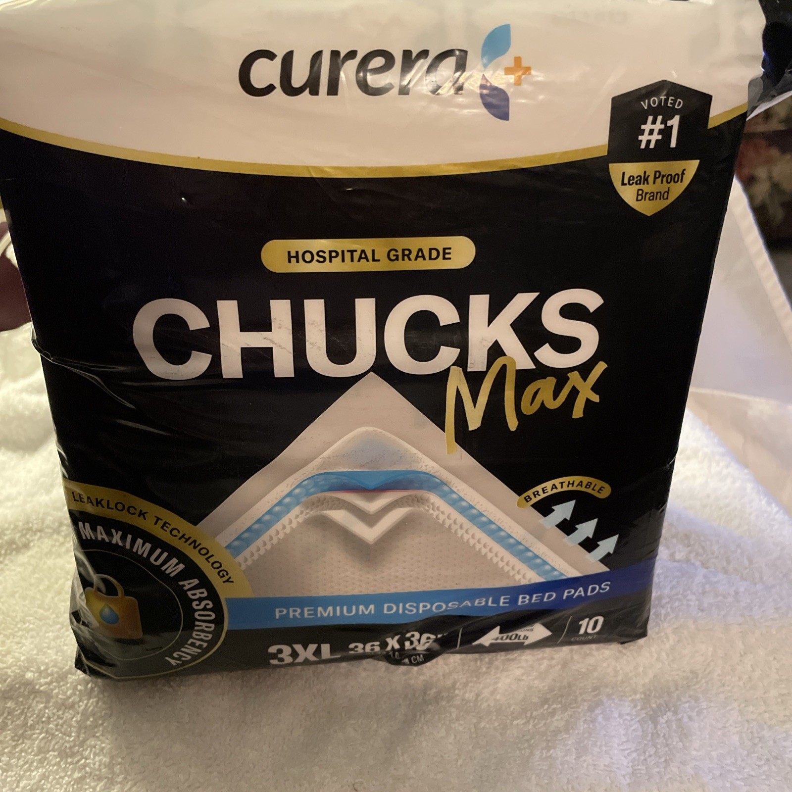 CURERA HOSPITAL GRADE CHUCKS MAX 3XL 36”x36” 10 Count pkg REPOSITIONS to 400Lb
