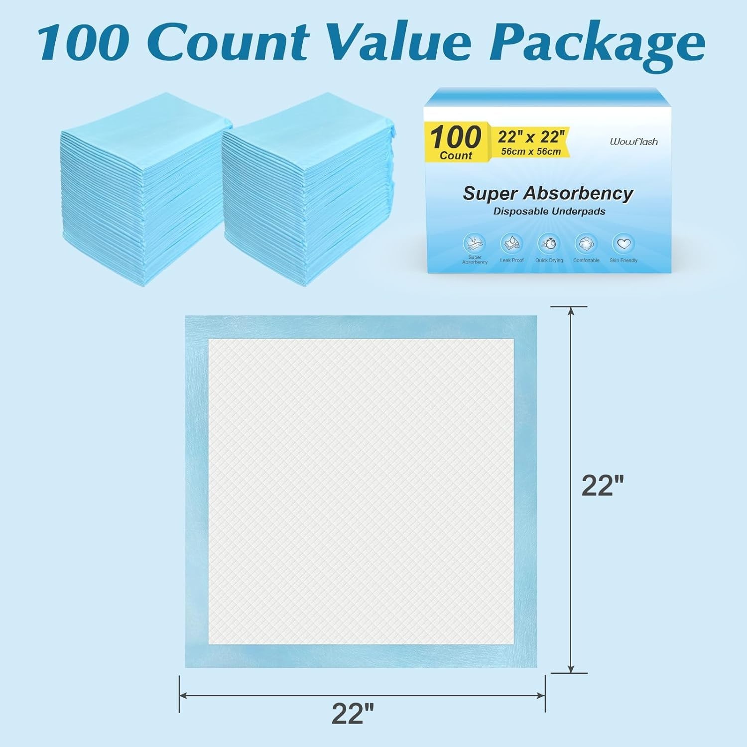 100 Count 22″x22″ Disposable Underpads, Super Absorbent & Leakproof