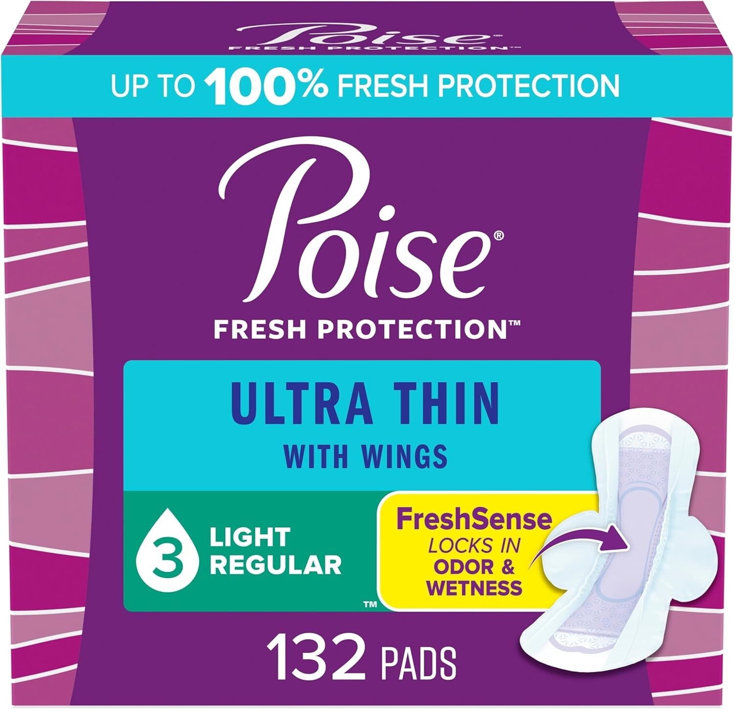 Light Absorbency Ultra Thin Incontinence Pads with Stay-In-Place Wings, 132 Pack