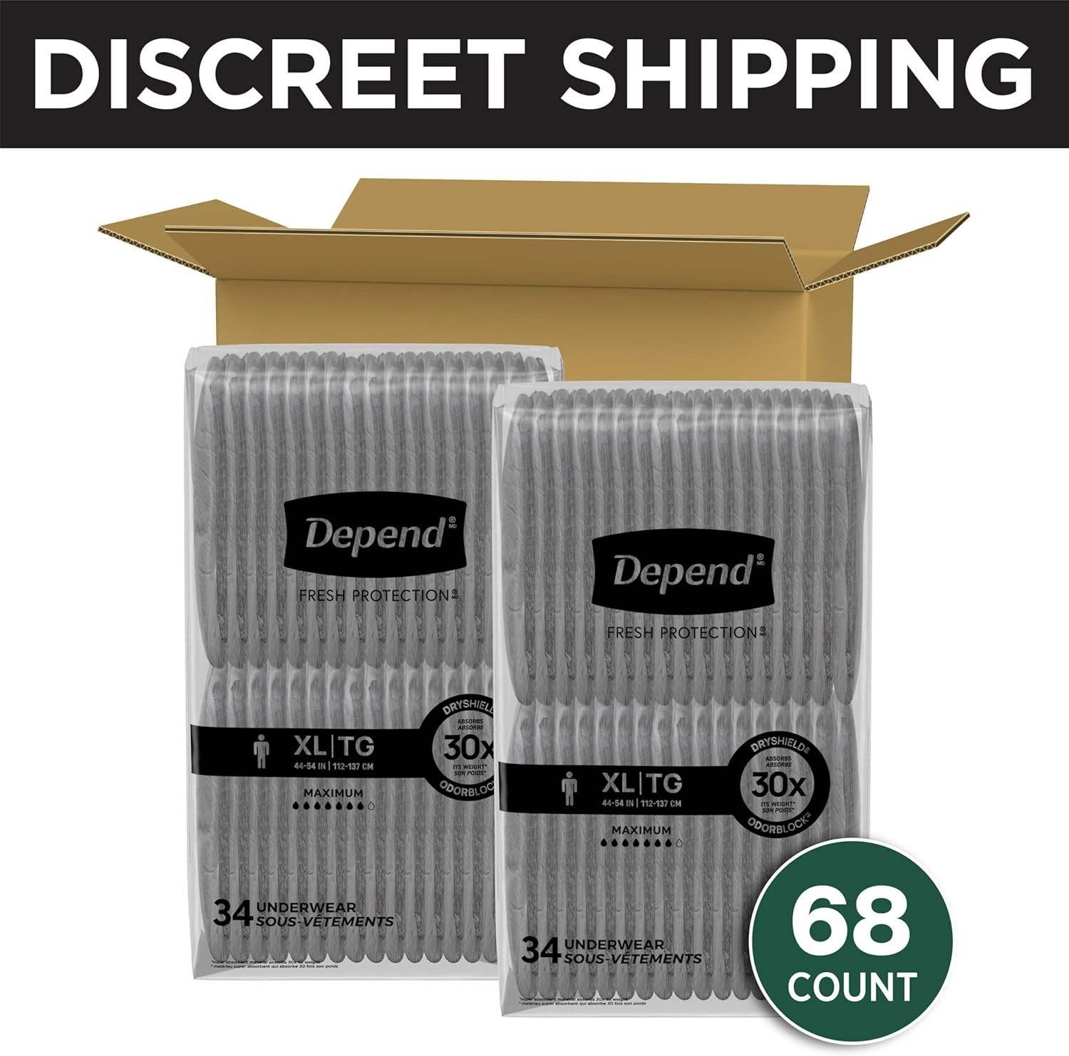 XL Grey Adult Diapers for Men: 68 Count, Max Protection, OdorBlock Tech, Dryness