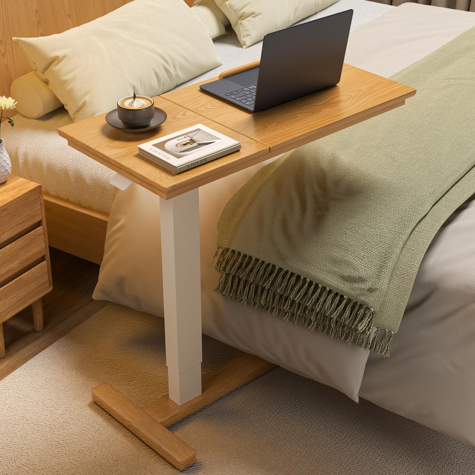 Iunvr Solid Wood Overbed Bedside Table Hidden Casters Adjustable Hospital Bed