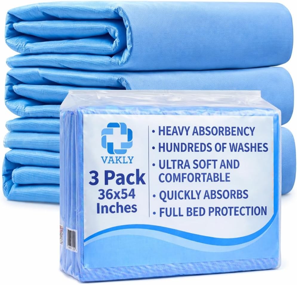 Vakly XL Washable Underpads 36 x 54 in (3 Pack) – Reusable Waterproof Incontinen