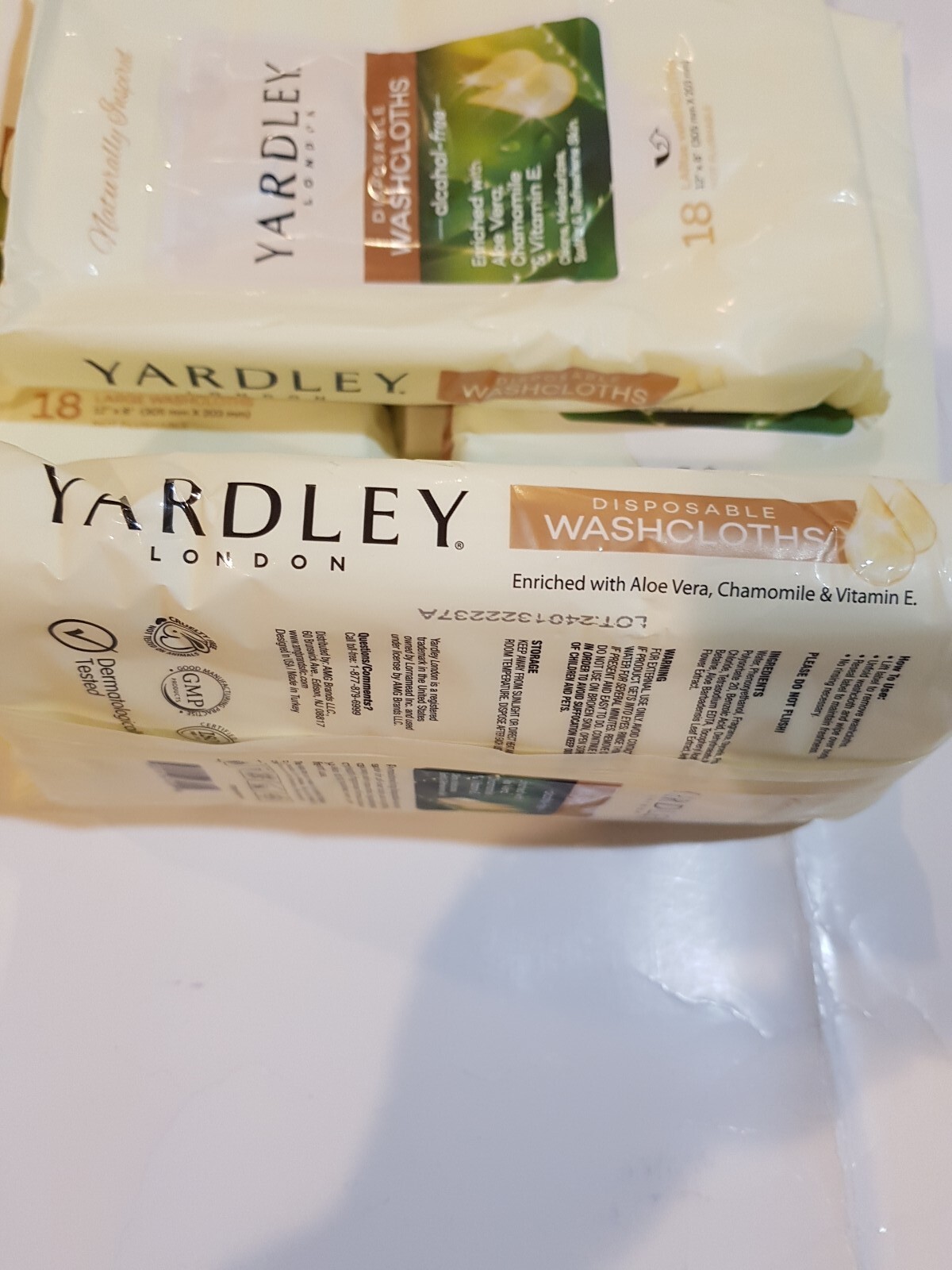 LOT OF 5 PACKS – Yardley of London Large Disposable Washcloth 18/Pk. 90 total.