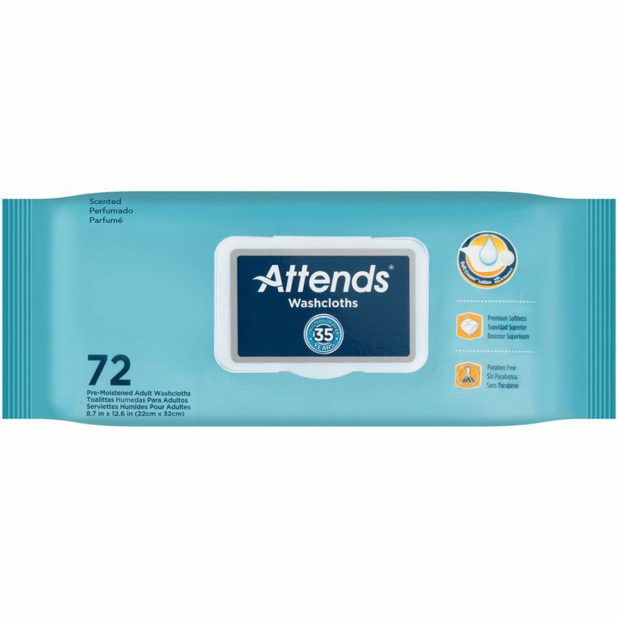 Attends Washcloths, Large 8 x 12-1/2 Inch, 6 Cases of 72 Wipes (432 Total)