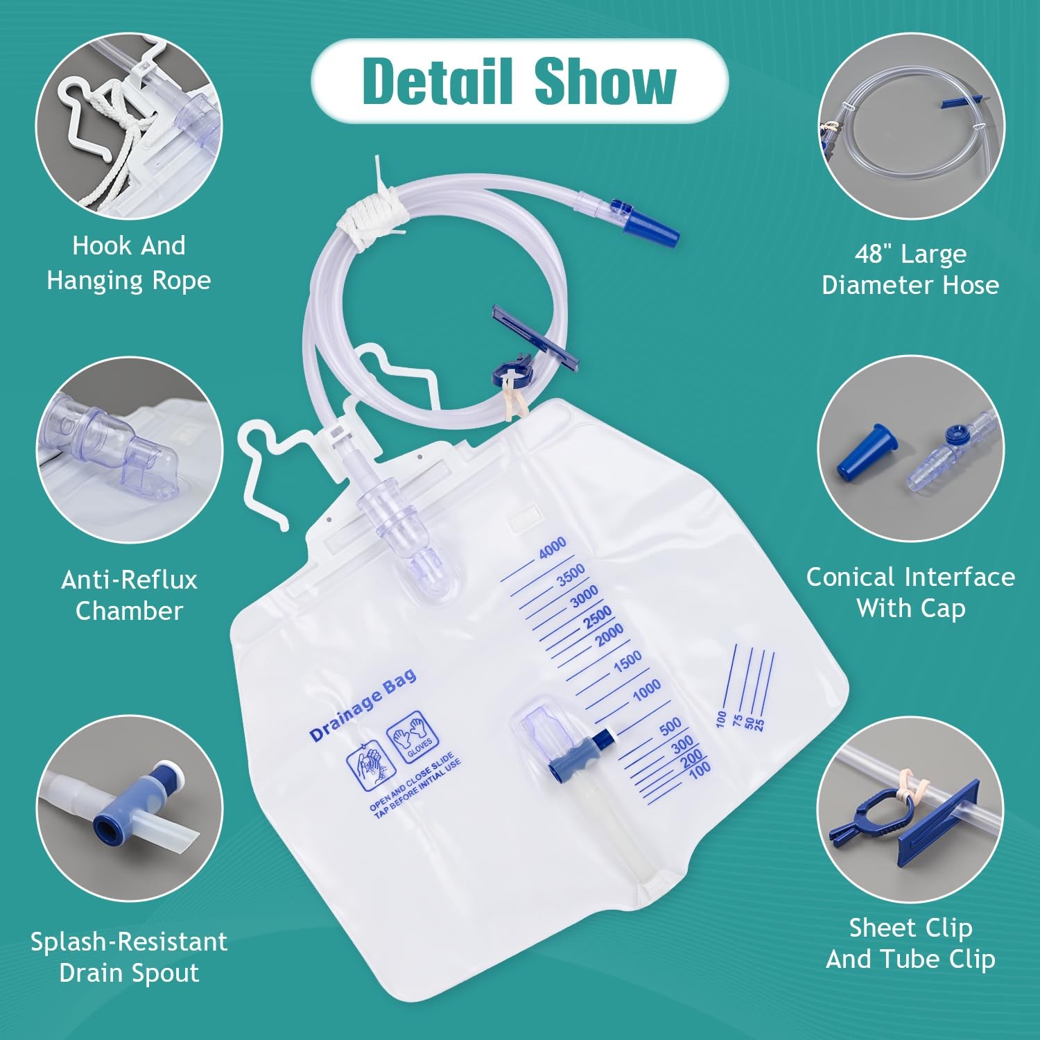 2 Pack Urinary Drainage Bag with Anti-Reflux Chamber, 4000ml Large Capacity, …