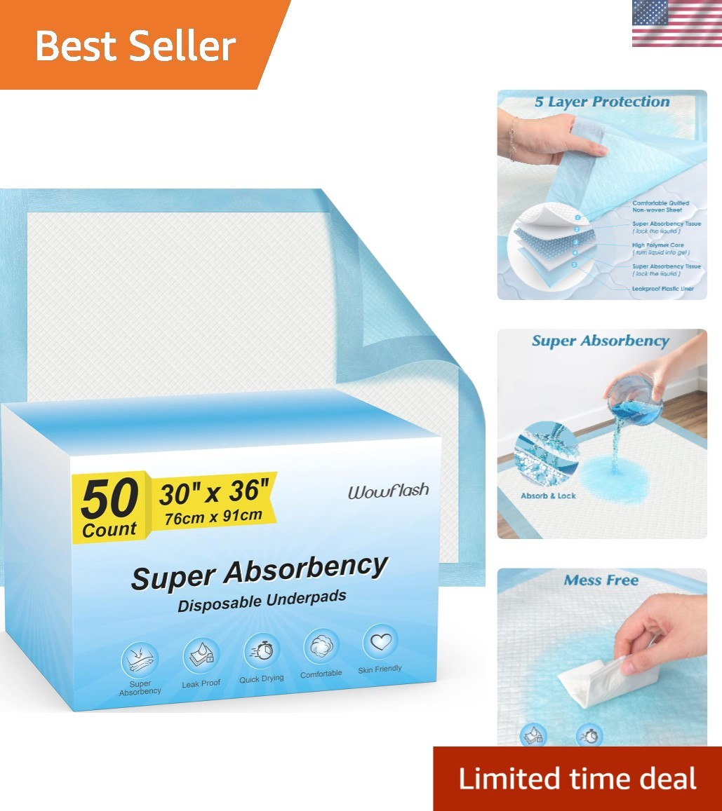 Comfortable 30″ x 36″ Quick Dry Disposable Underpads, 50 Count for Home Hygiene