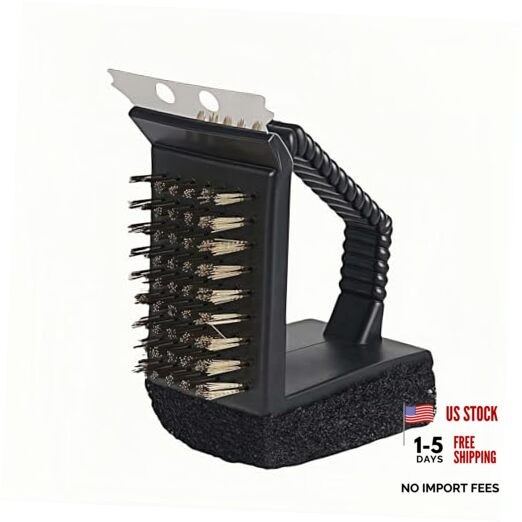 3-in-1 Heavy Duty Grill Brush with Copper Bristles, Stainless Scraper & Black