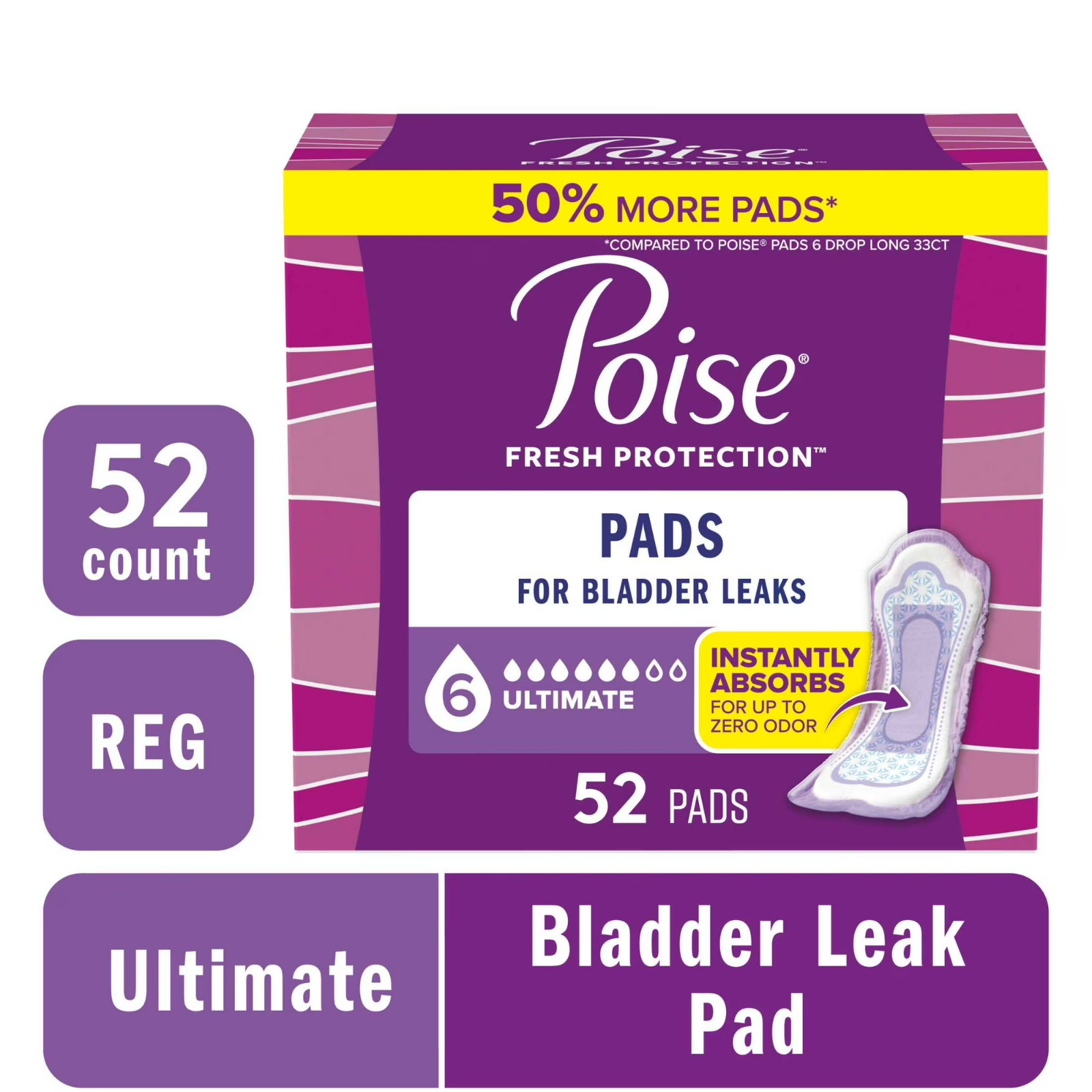 Poise Incontinence Pads for Women, 6 Drop Ultimate Absorbency, Regular Length